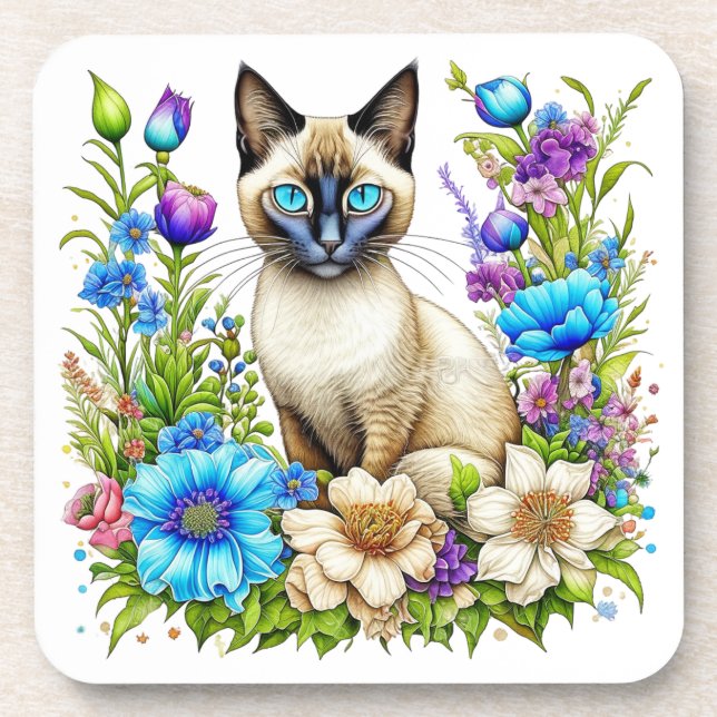 Dessous-de-verre Ai Aquarelle Siamese Chat en Fleurs (Devant)