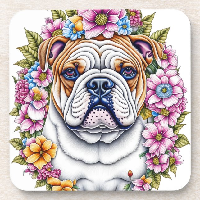 Dessous-de-verre Ai Art Bulldog entouré de fleurs lunaires (Devant)
