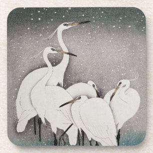 Dessous-de-verre Aigrettes japonaises Grues Oiseau Hiver Neige Art