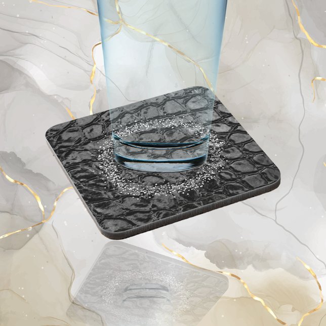 Dessous-de-verre Alligator noir Faux cuir | Votre logo (Créateur téléchargé)