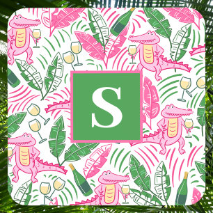 Dessous-de-verre Alligator Vin rose vert Monogramme Preppy