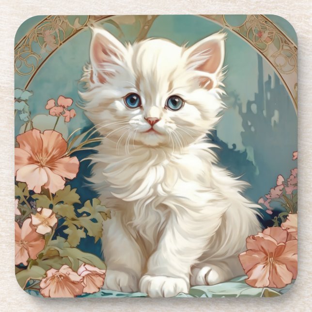 Dessous-de-verre Alphonse Mucha Style Chat blanc (Devant)