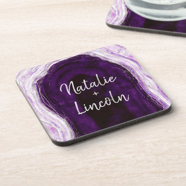 Dessous-de-verre Amethyst Purple & Silver Geode Mariage Monogramme (Côté gauche)