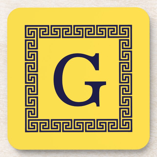 Dessous-de-verre Ananas, Clé grecque bleue marine #1 Monogramme enc (Devant)
