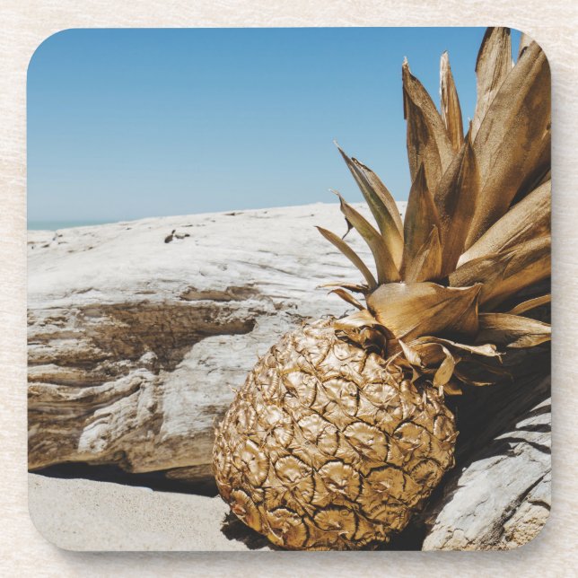 Dessous-de-verre Ananas en or sur la plage (Devant)