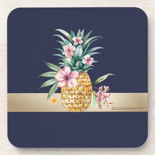 Dessous-de-verre Ananas Floral, Rayure Dorée (Devant)