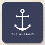 Dessous-de-verre Ancre blanche marine et nom personnalisé sur bleu<br><div class="desc">Dessous de verre minimalistes modernes Nautiques avec ancre blanche et nom personnalisé en blanc moderne sans serif style police sur arrière - plan bleu marine.

Parfait aussi bien pour le décor de maison de plage,  cadeau de ménage et plus encore.</div>