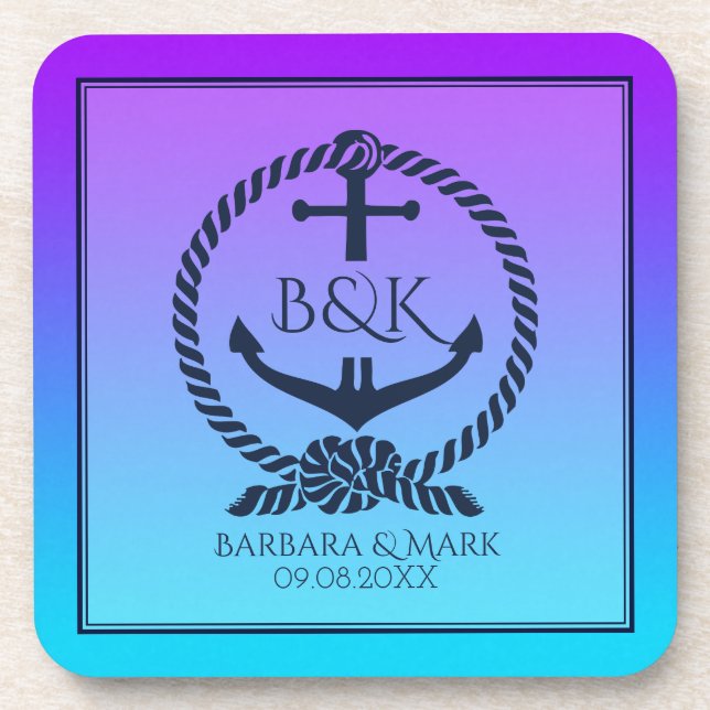 Dessous-de-verre Ancre de bateau bleu marine sur violet et bleu (Devant)