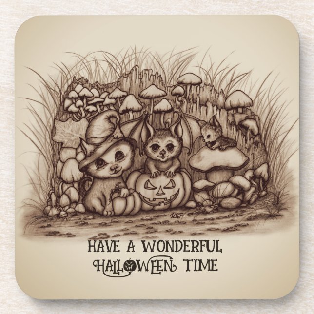 Dessous-de-verre Animaux mignons attendant Halloween (Devant)