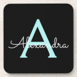 Dessous-de-verre Aqua Teal Blue Script Girly Monogram<br><div class="desc">Black and Aqua Blue Turquoise Simple Script Monogramme Nom Dessous de verre en papier. Cela fait le cadeau parfait de remise de diplômes,  anniversaire,  mariage,  douche nuptiale,  anniversaire,  baby shower ou bachelorette pour quelqu'un qui aime le luxe glam et les styles chic.</div>