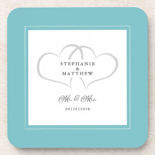 Dessous-de-verre Aqua White Wedding Mr & Mrs Elegant Chic Hearts