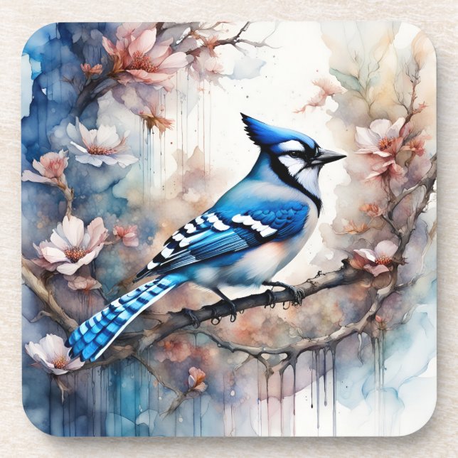 Dessous-de-verre Aquarelle bleu Jay Cherry Blossoms (Devant)