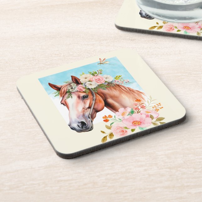 Dessous-de-verre Aquarelle Cheval et Fleurs 6 (Côté gauche)