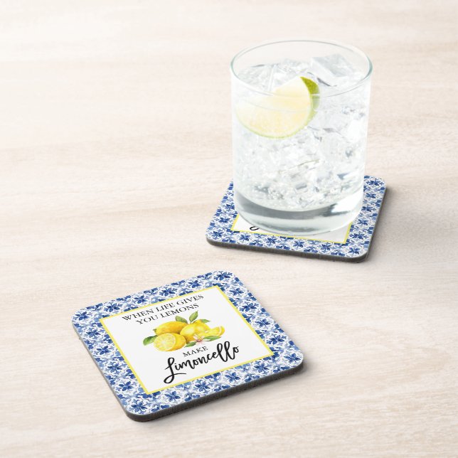 Dessous-de-verre Aquarelle Citrons Limoncello Carrelage bleu (Côté Droit)