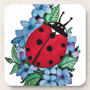 Dessous-de-verre Aquarelle Cute Ladybird Avec Fleurs Bleues Sauvage