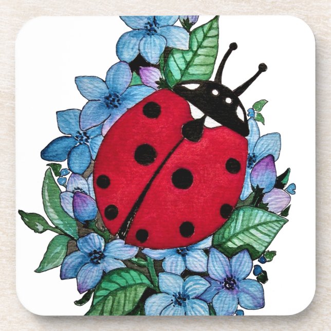 Dessous-de-verre Aquarelle Cute Ladybird Avec Fleurs Bleues Sauvage (Devant)