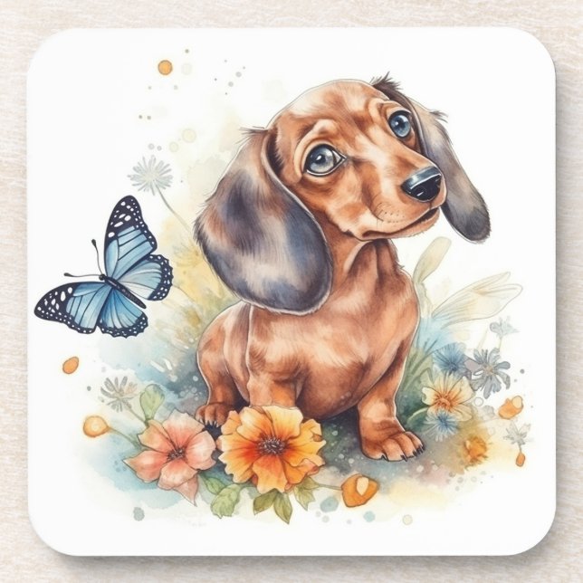Dessous-de-verre Aquarelle de chiot mignonne Dachshund (Devant)