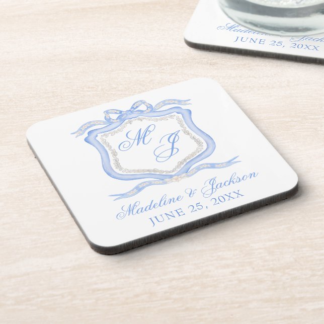 Dessous-de-verre Aquarelle Designer Blue Monogram Crest Mariage (Côté gauche)