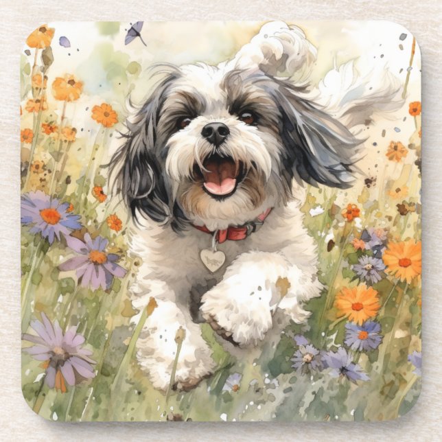 Dessous-de-verre Aquarelle florale Shih Tzu courant à travers la fl (Devant)