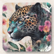 Aquarelle Jaguar Floral Art Boisson Coaster