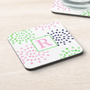 Dessous-de-verre Aquarelle Monogramme Rose Marine Fleurs vertes
