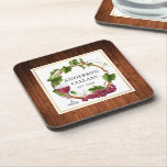 Dessous-de-verre Aquarelle Raisin Vins Wreath Nom de la cave<br><div class="desc">Aquarelle moderne Élégante Grappes et vignes Bois Wreath Nom de famille Cave à vin Dessous de verre - Rustique Pays Bois Imprimer avec cadre Or</div>