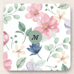 Dessous-de-verre Aquarelle romantique Fleurs roses Souris monogramm