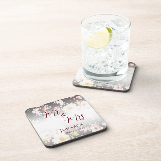 Dessous-de-verre Aquarelle rose Roses jaunes, noir flou, Mariage (Côté Droit)