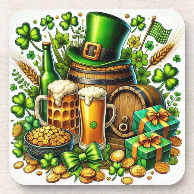Dessous-de-verre Aquarelle Saint-Patrick Bière, Pièces et Trèfle (Devant)