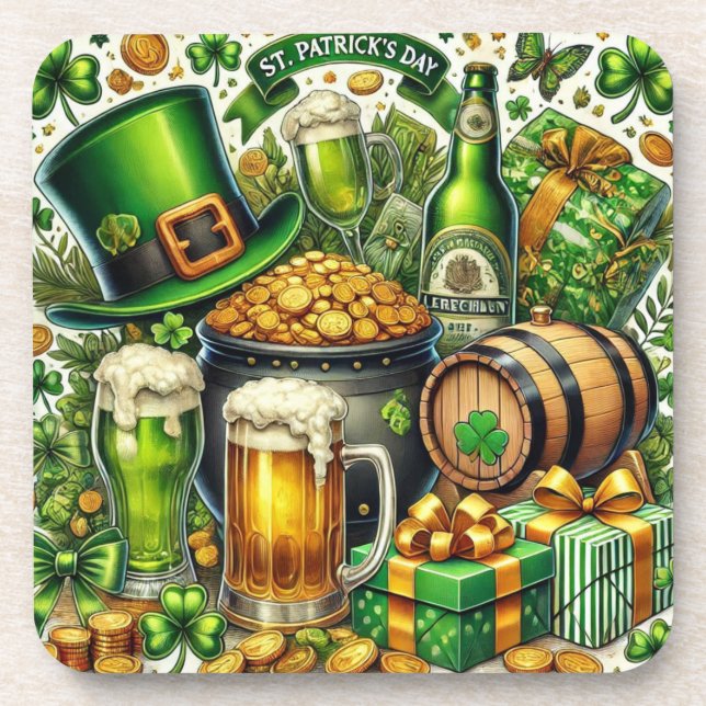 Dessous-de-verre Aquarelle Saint-Patrick Bière, Pièces et Trèfle (Devant)