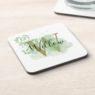 Dessous-de-verre Aquarelle verte personnalisée et initiale florale