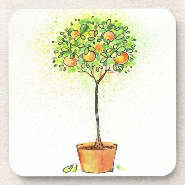 Dessous-de-verre Arbre d'agrume peint d'aquarelle dans le pot (Devant)
