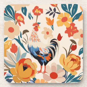 Dessous-de-verre Arrière - plan floral de poulet coloré Whimsical