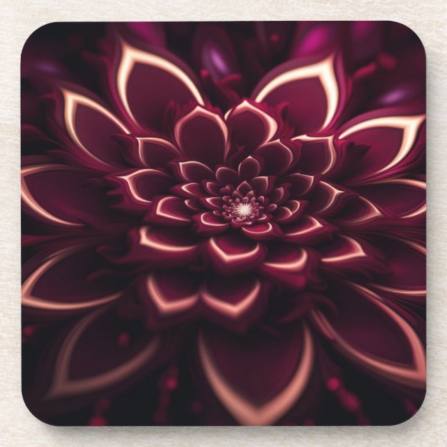 Dessous-de-verre Art Abstrait Fractal Fleur & Tons de Bourgogne (Devant)