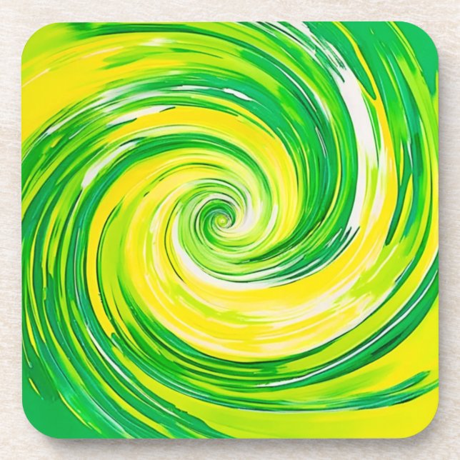 Dessous-de-verre Art abstrait vert jaune en spirale (Devant)