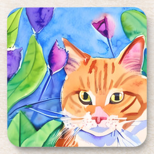 Dessous-de-verre Art aquarelle coloré Chat orange et fleurs