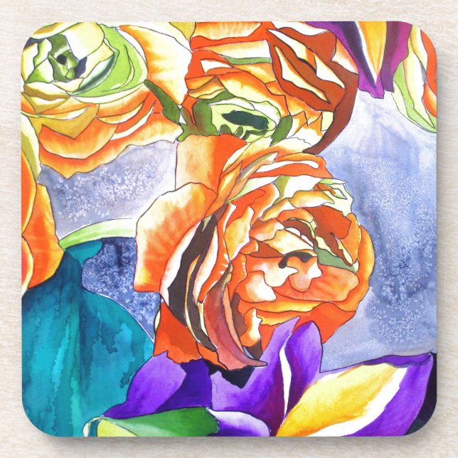 Dessous-de-verre Art aquarelle de renoncules et d'iris (Devant)