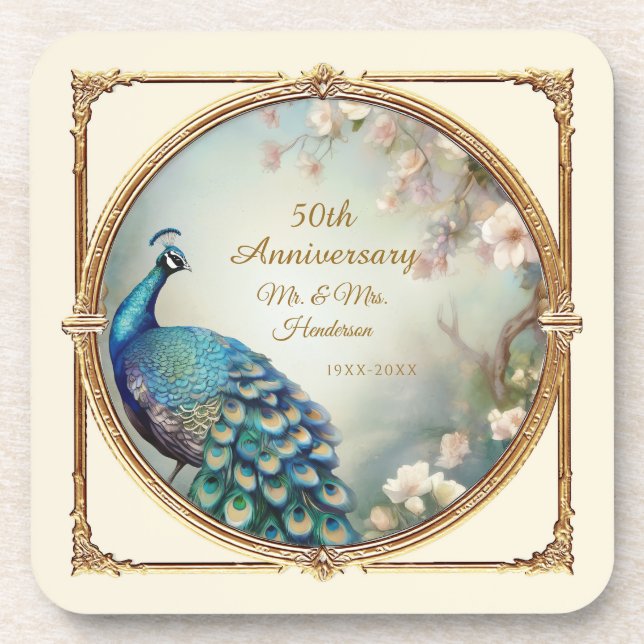 Dessous-de-verre Art Déco Peacock 50e Anniversaire Élégant floral (Devant)