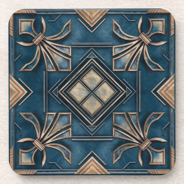 Dessous-de-verre Art Déco vintage Fleur de lis - Bleu et or (Devant)