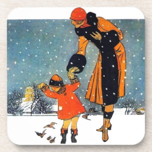 Dessous-de-verre Art Déco vintage Hiver Mère et Enfant dans la Neig