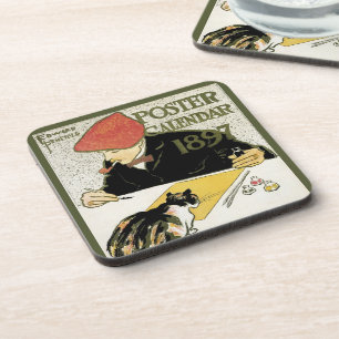 Dessous-de-verre Art Nouveau vintage, artiste peignant avec un chat