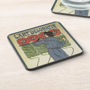 Dessous-de-verre Art Nouveau vintage, Artiste Peignant des Pavots