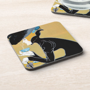 Dessous-de-verre Art Nouveau vintage, Dame buvant du thé Marco Polo