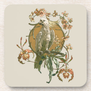 Dessous-de-verre Art Nouveau vintage, oiseau cacatoès, fleurs d'orc
