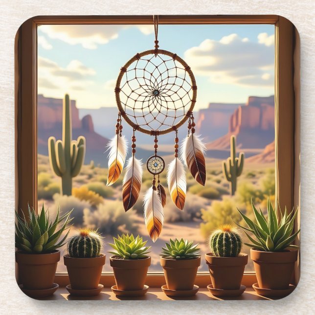Dessous-de-verre Attrape-rêves, canyons du désert, cactus (Devant)