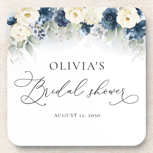 Dessous-de-verre Baby Shower Bleu Marine et Roses Blanches (Devant)