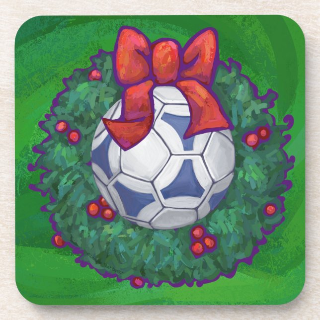Dessous-de-verre Bal de soccer blanc et bleu sur vert (Devant)
