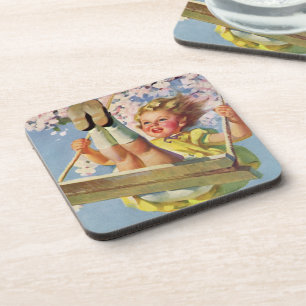 Dessous-de-verre Balançoire Vintage, Fille Se Balançant dans un Arb