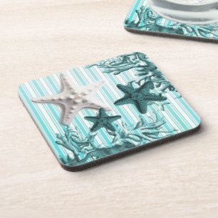 Dessous-de-verre bandes nautiques aqua coquillages bleu étoile