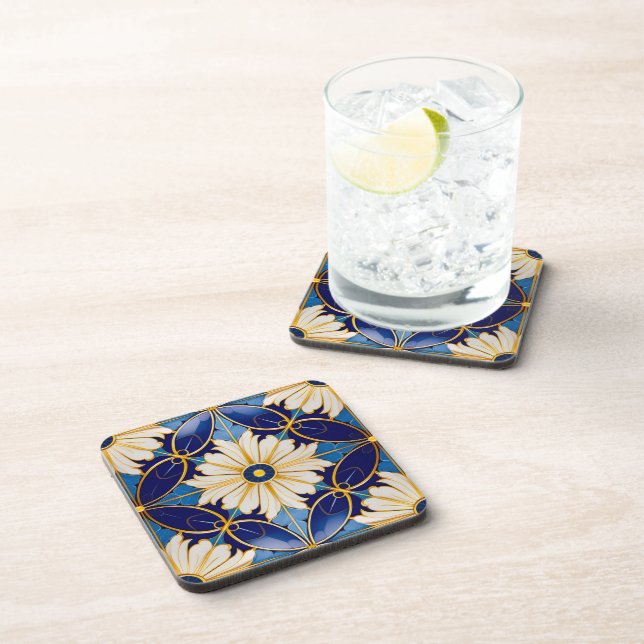 Dessous-de-verre Bar à vaisselle Art déco fleurs bleu profond or (Côté Droit)